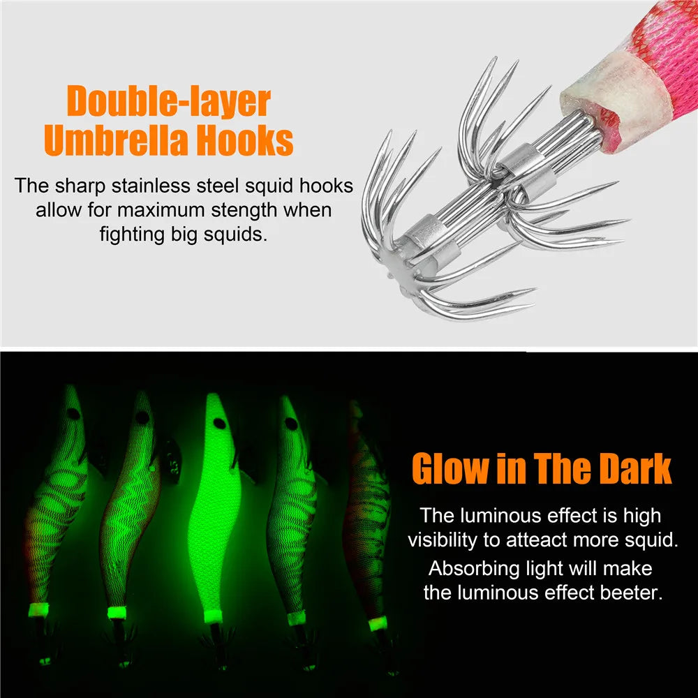 10Pcs Luminous Squid Bait Jig Hooks – Glow Saltwater Squid Lures, Rattle Egi